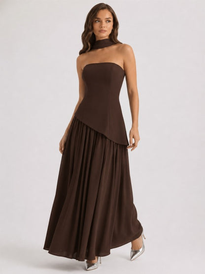 STRAPLESS LACE UP CORSET GATHERED MAXI DRESS WITH SCARF