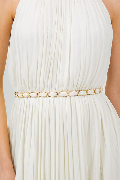 SOLID SLEEVELESS CHAIN HALTER NECK W CHAIN BELT PLEATED MAXI DRESS