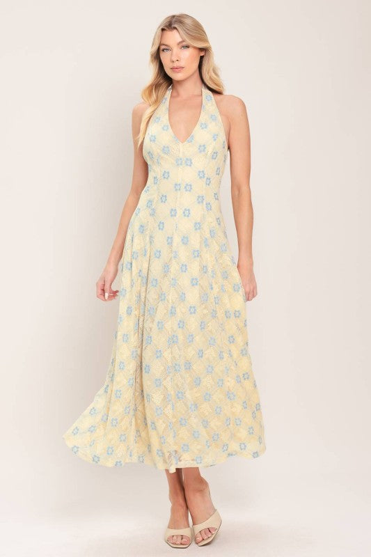 WOVEN LACE PRINTED MIDI SUMMER DRESS