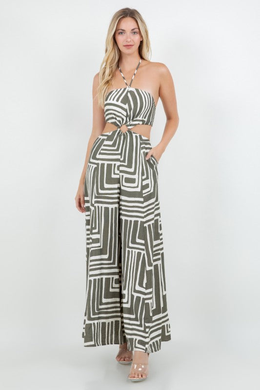 PRINTED HALTER NECK W OPEN BACK CUT OUT JUNPSUIT