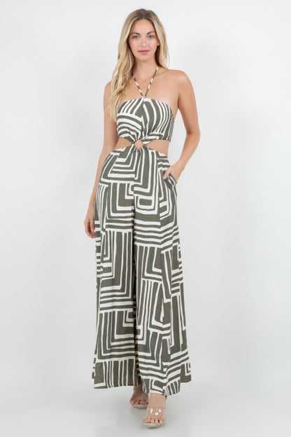 PRINTED HALTER NECK W OPEN BACK CUT OUT JUNPSUIT