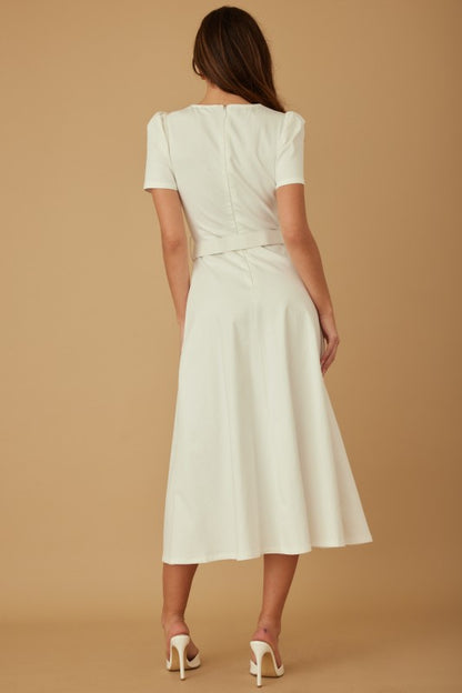 DENIM PUFF SHOULDER MIDI DRESS