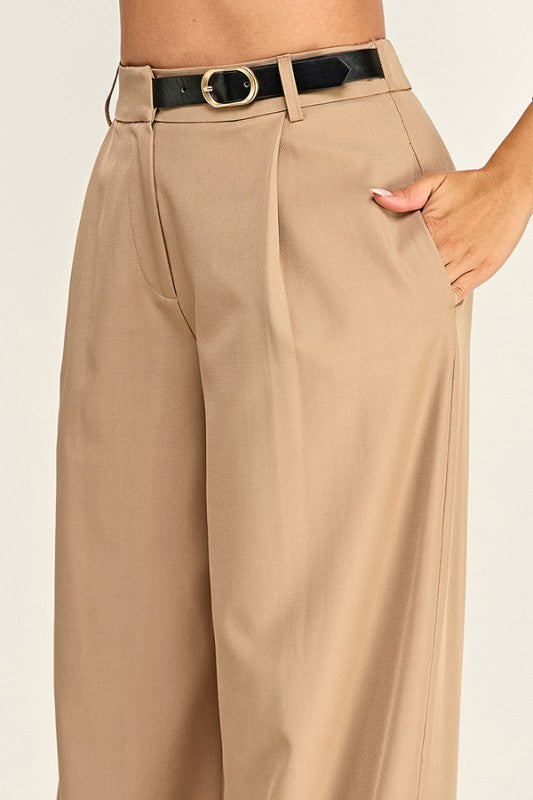 SIDE BELTED WIDE LEG TROUSER PANTS