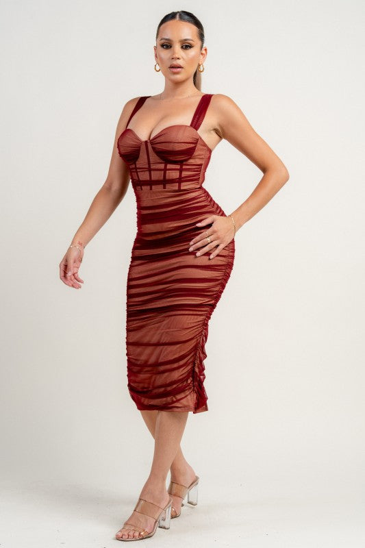 SHEER MESH CORSET SEE-THROUGH MIDI DRESS