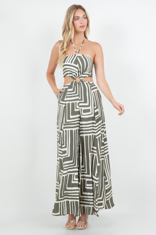 PRINTED HALTER NECK W OPEN BACK CUT OUT JUNPSUIT