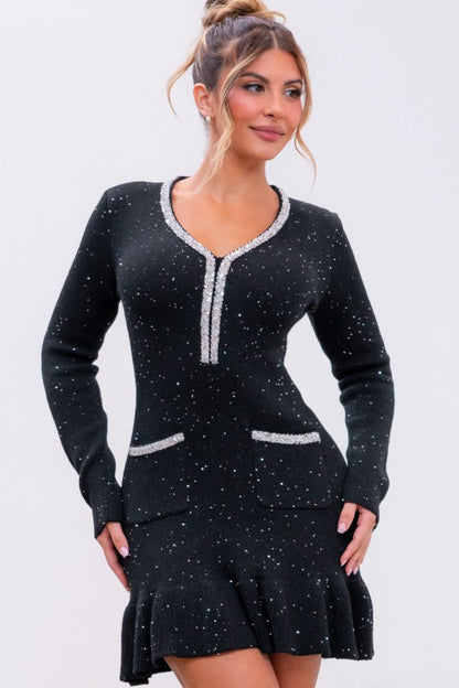 SEQUIN V NECK RUFFLE MINI DRESS