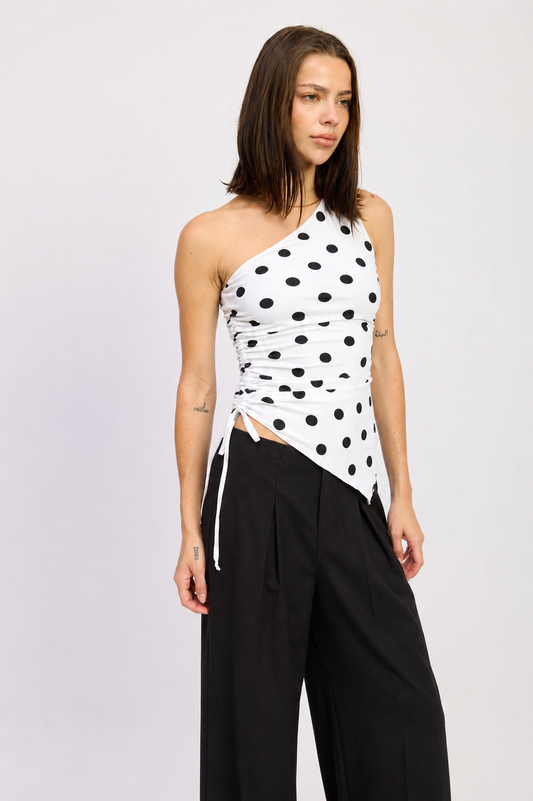 POLKA DOT ONE SHOULDER SIDE RUCHED TOP