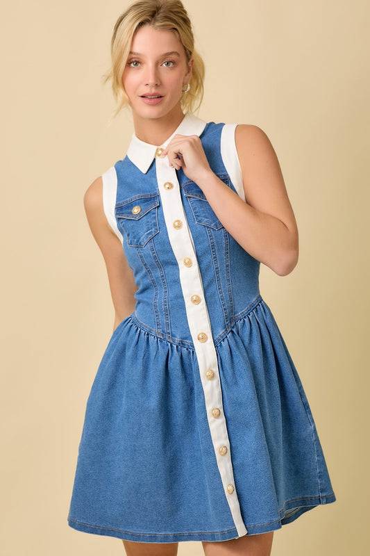 COLLAR BUTTON DOWN SUMMER DENIM MINI DRESS