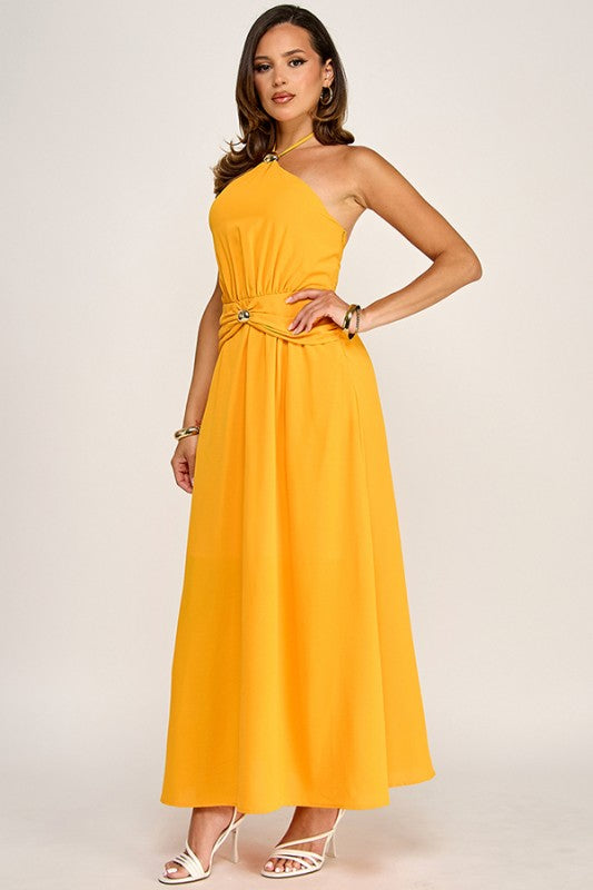 HALTER NECK MAXI DRESS WITH GOLD METAL TRIMS