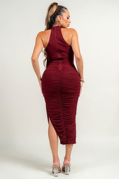 LUXE MESH ASYMMETRIC BACK DRAPED RUCHED MIDI DRESS