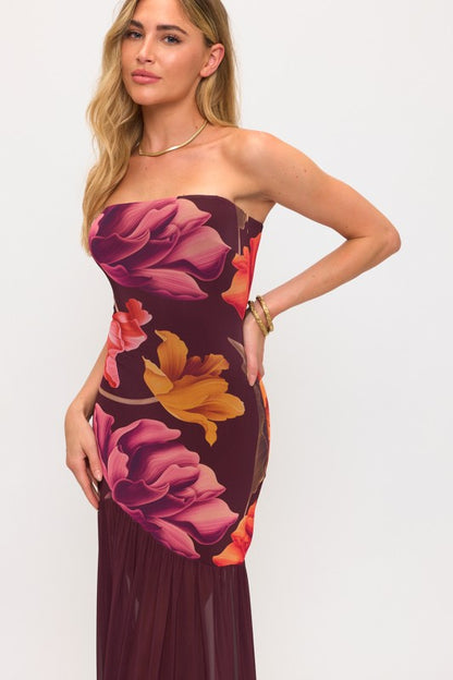 FLORAL MESH BUTTON FIT&FLARE MAXI SUMMER DRESS