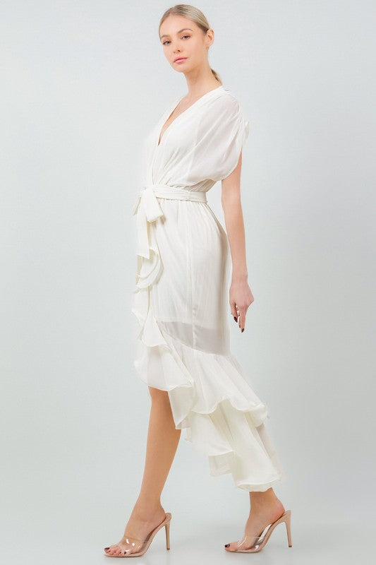 SOLID TIE WAIST RUFFLE MIDI DRESS