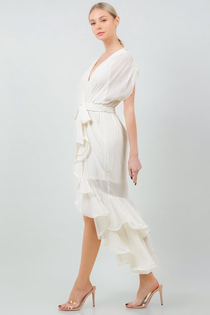 SOLID TIE WAIST RUFFLE MIDI DRESS