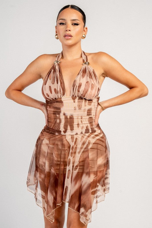 HLATER NECK RUCHED MINI DRESS