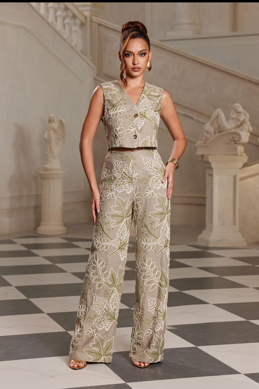 EMBROIDERED VEST TOP PANTS SET