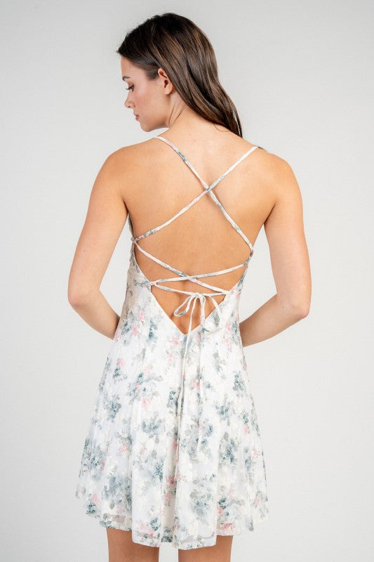 FIT AND FLARE MINI PRINTED DRESS WITH LACE UP BACK