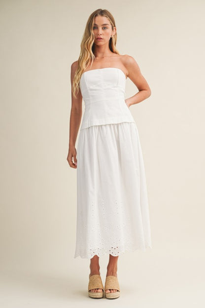 STRAPLESS EYELET SCALLOP HEM TWOFER MIDI DRESS