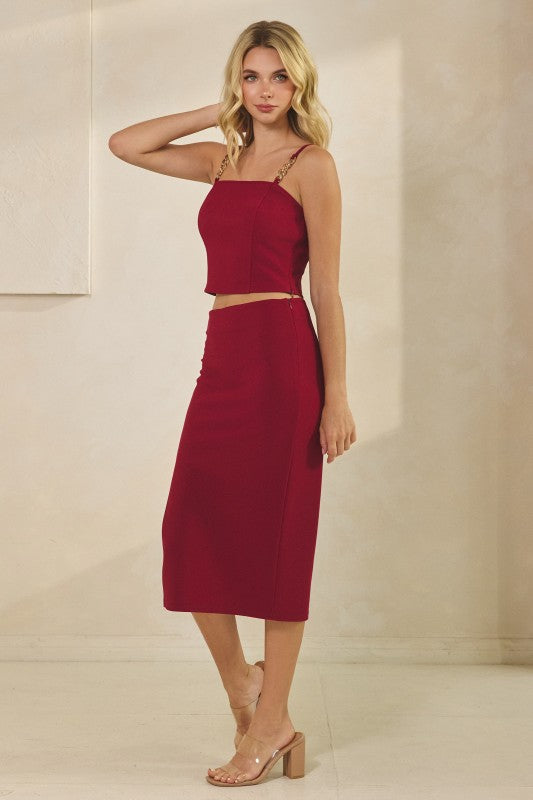 TEXTURES JERSEY GOLD CHAIN STRAPPED CROP TOP AND PANTS SET