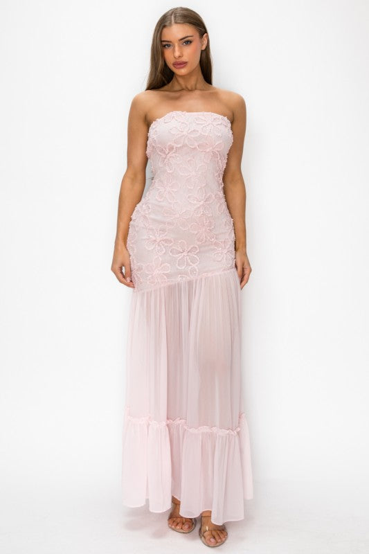 3D FLORAL LACE TUBE MESH DROPPED MAXI DRESS