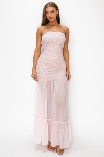 3D FLORAL LACE TUBE MESH DROPPED MAXI DRESS
