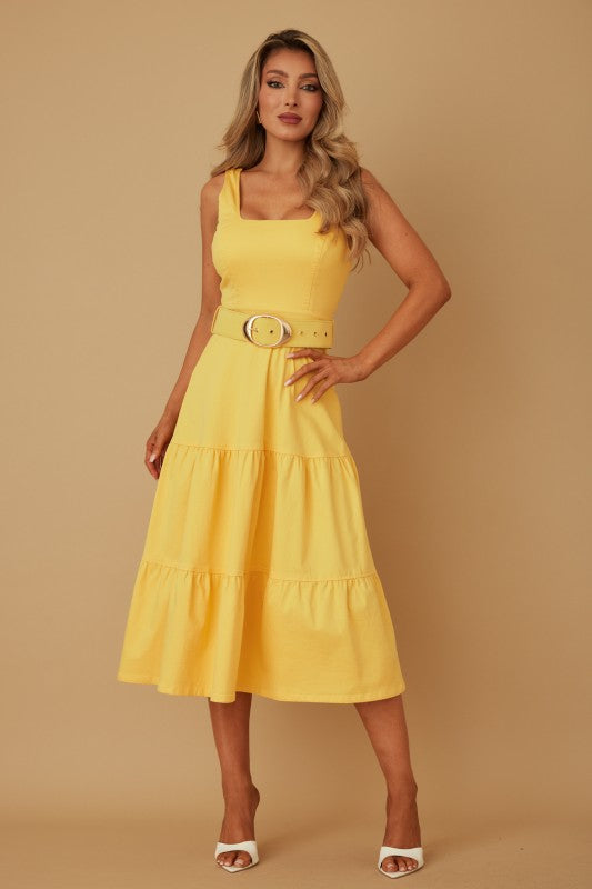 DENIM BELTED MIDI DRESS