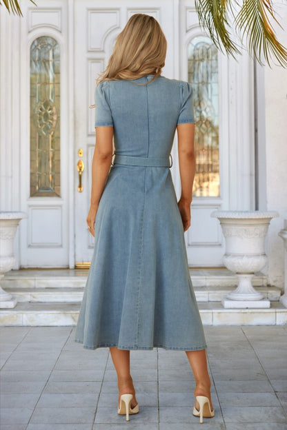 DENIM PUFF SHOULDER MIDI DRESS