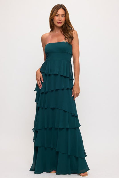 ASYMMETRICAL RUFFLE TIERED MAXI DRESS