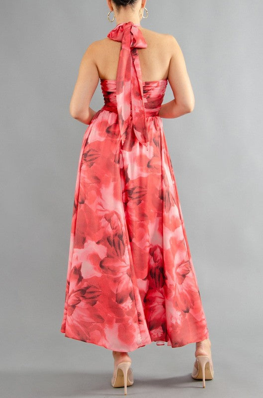 Floral Print Halter Neck Keyhole Maxi Dress