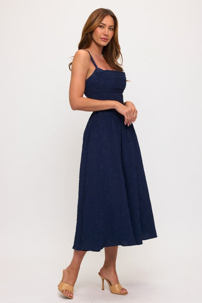 FLOWER JACQUARD PLEATED BUST MIDI DRESS