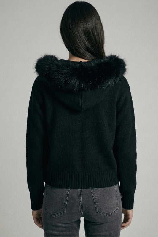 REMOVABLE FAUX FUR TRIM HOODED CARDIGAN