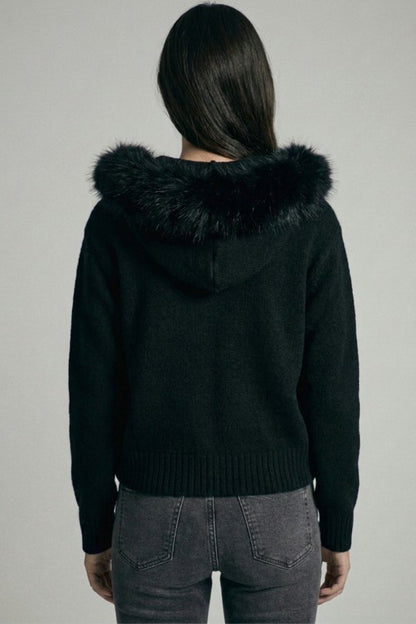 REMOVABLE FAUX FUR TRIM HOODED CARDIGAN