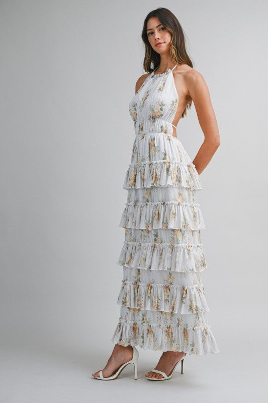 PRINTED FLORAL TIERED MIDI SUMMER DRESS