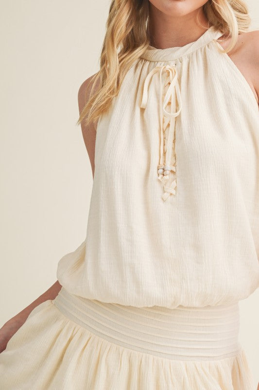 FRONT LACE UP HALTER MINI DRESS