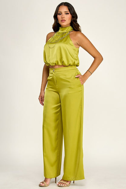 HALTER NECK CHAIN TRIM TOP W/ PANTS SET