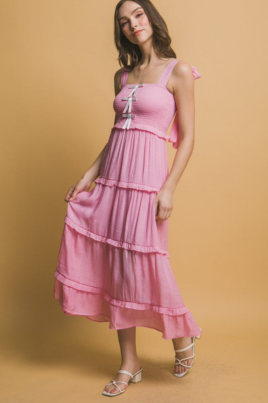 BOW STRAP TIERED MIDI DRESS