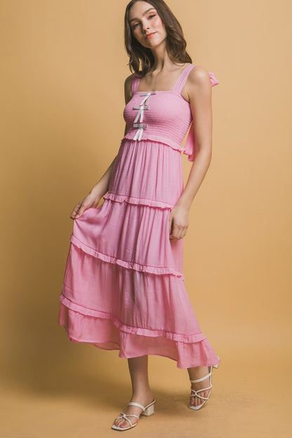 BOW STRAP TIERED MIDI DRESS