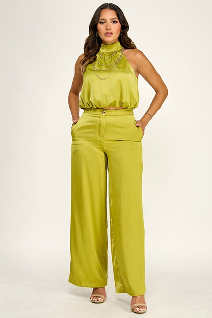 HALTER NECK CHAIN TRIM TOP W/ PANTS SET