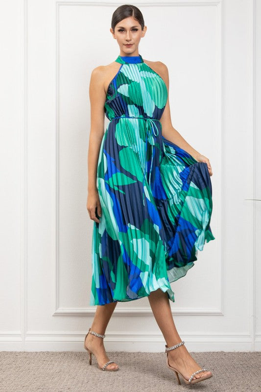 PRINTED PLEATED HALTER NECK MIDI DRESS