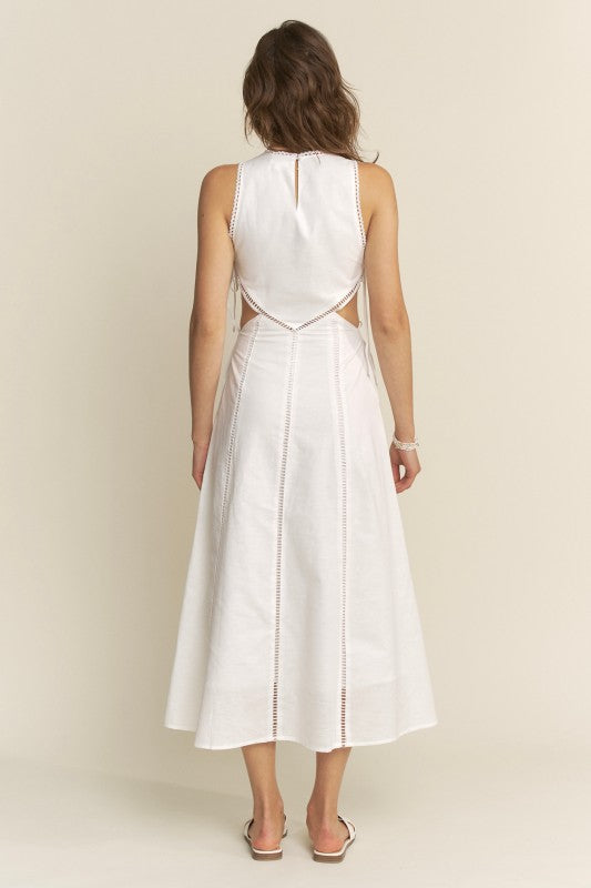 SIDE CUTOUT TIE FINISH LACE TRIM MAXI DRESS
