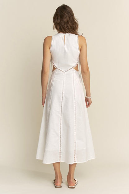 SIDE CUTOUT TIE FINISH LACE TRIM MAXI DRESS