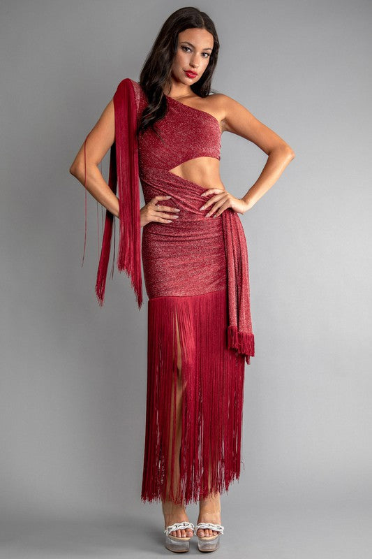 GLITTER KNIT ONE SHOULDER CUT OUT FRINGE DRESS Bella Chica GLITTER KNIT ONE SHOULDER CUT OUT FRINGE DRESS Bella Chica