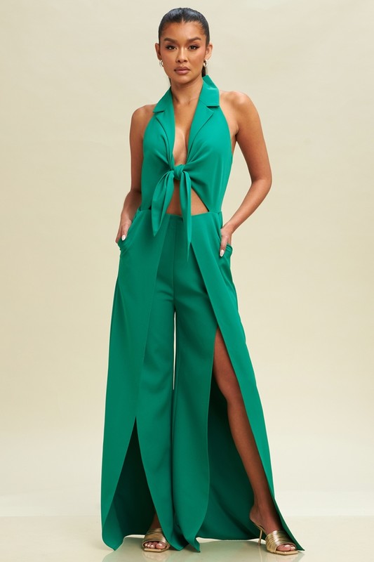 HALTER TIE FRONT SPLIT JUMPSUIT