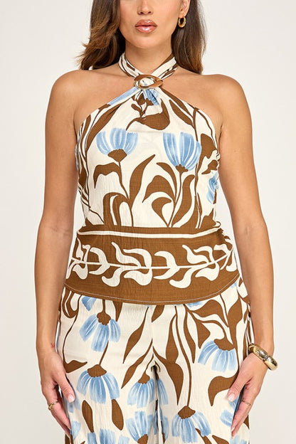 PRINTED HALTER NECK OPEN TIE DETAIL TOP W/PANTS SET