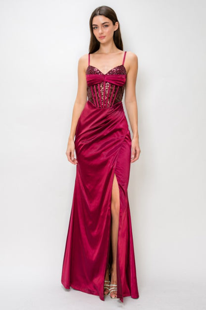 LATTICE SEQUIN SATIN CONTRAST MAXI PARTY DRESS