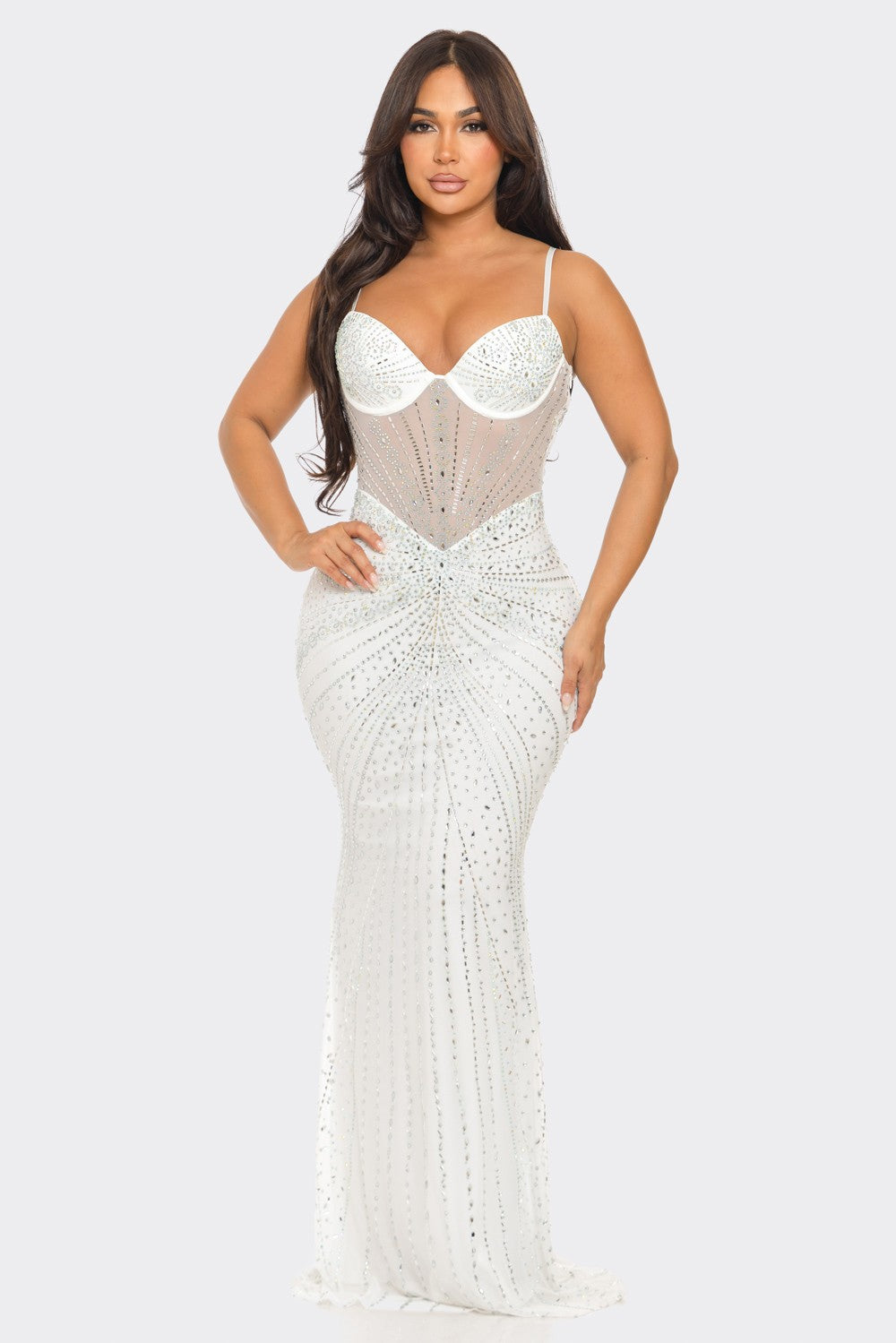 RHINESTONE EMBELLISHED MESH MAXI DRESS