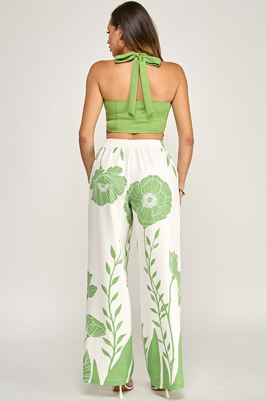 SLEEVELESS HALTER NECK SATIN VEST PANTS SET