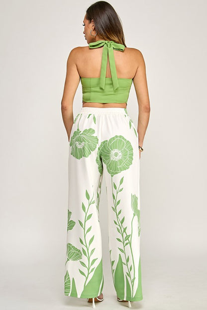 SLEEVELESS HALTER NECK SATIN VEST PANTS SET