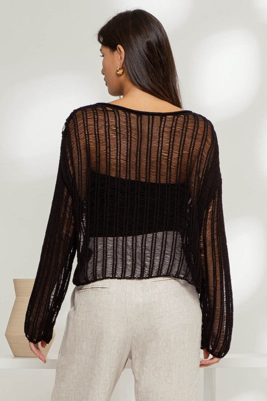 SHEER CROCHET LADDER KNIT PULLOVER SWEATER