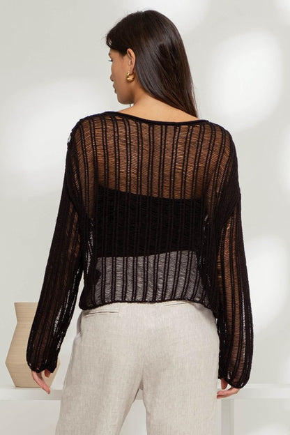 SHEER CROCHET LADDER KNIT PULLOVER SWEATER