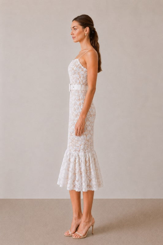 LACE FLOUNCE MIDI DRESS